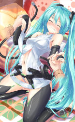 Rule 34 | 1girl, aqua hair, bare shoulders, blush, breasts, bridal gauntlets, center opening, daidou (demitasse), hatsune miku, hatsune miku (append), highres, long hair, necktie, sitting, solo, thighhighs, twintails, very long hair, vocaloid, vocaloid append, wavy mouth, wet, wince