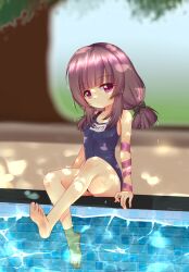 Rule 34 | 1girl, absurdres, arm ribbon, barefoot, blue one-piece swimsuit, bow, breasts, brown hair, expressionless, fallenshadow, feet, hair bow, highres, indie virtual youtuber, leg up, legs, long hair, looking at viewer, low-tied long hair, low twintails, mizatsu, name tag, old school swimsuit, one-piece swimsuit, outdoors, pink eyes, pool, poolside, ribbon, school swimsuit, sitting, small breasts, soaking feet, soles, solo, swimsuit, thighs, toes, twintails, virtual youtuber, water, wet, wet clothes, wet swimsuit