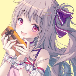 Rule 34 | 1girl, :d, absurdres, bare shoulders, blush, bow, camisole, gift, grey hair, hair bow, hair ornament, hairclip, hands up, heart, heart hair ornament, highres, holding, holding gift, long hair, looking at viewer, mizuki yuuma, nail art, nail polish, open mouth, original, pink camisole, purple bow, red eyes, red nails, simple background, smile, solo, two side up, upper body, valentine, very long hair, wrist cuffs, yellow background