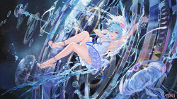 Rule 34 | 1girl, :d, arm up, armpits, atdan, bare legs, bare shoulders, blue eyes, blue hair, breasts, dress, feet, haiyi, hand up, hat, high heels, highres, jellyfish, looking at viewer, medium breasts, open mouth, sandals, sleeveless, sleeveless dress, smile, solo, strappy heels, synthesizer v, thighs, toes, water, white dress, wide shot
