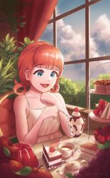 Rule 34 | 1girl, absurdres, annette fantine dominic, apple, artist name, awan0918, biscuit, blue eyes, blunt bangs, bow, cake, cup, curtains, fire emblem, fire emblem: three houses, food, fruit, hair rings, highres, ice cream, leaf, low twintails, nintendo, open mouth, orange hair, sandwich, sitting, solo, tea, tea party, teacup, teapot, twintails, window