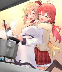 Rule 34 | :d, ;d, ^ ^, absurdres, ahoge, akai haato, akai haato (casual), black thighhighs, blonde hair, cardigan, closed eyes, cooking, dress, glomp, hair ornament, hairclip, high ponytail, highres, hololive, hug, hug from behind, kitchen, myonchi, official alternate costume, one eye closed, open mouth, plaid, plaid skirt, red skirt, sakura miko, sakura miko (casual), skirt, smile, thighhighs, twintails, virtual youtuber, white dress, yellow cardigan