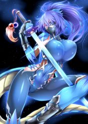 Rule 34 | 1girl, absurdres, aura, blue eyes, bodysuit, breasts, covered erect nipples, covered navel, dragon girl, eyepatch, g (genesis1556), highres, holding, holding sword, holding weapon, huge breasts, impossible bodysuit, impossible clothes, leotard, long hair, looking at viewer, mask, monster girl, mouth mask, ninja, ninja mask, original, ponytail, purple hair, shiny clothes, skin tight, solo, sword, tail, taimanin suit, weapon