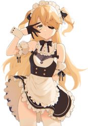 Rule 34 | 1girl, 2l (2lsize), alternate costume, apron, arm behind back, bare shoulders, black bow, black dress, black gloves, black neckwear, black ribbon, blonde hair, bow, breasts, commentary request, cowboy shot, dress, enmaided, eyepatch, fischl (genshin impact), frilled dress, frills, genshin impact, gloves, green eyes, hair ribbon, half gloves, hand up, legs apart, long hair, looking at viewer, maid, maid headdress, medium breasts, puffy short sleeves, puffy sleeves, ribbon, short sleeves, simple background, sleeveless, sleeveless dress, solo, twintails, two side up, upskirt, waist apron, white background, wrist cuffs