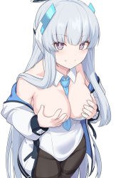 Rule 34 | 1girl, bare shoulders, between breasts, black pantyhose, blue archive, blue necktie, breasts, cleavage, closed mouth, collarbone, covering privates, covering breasts, detached collar, grey hair, halo, jacket, large breasts, leotard, looking at viewer, mechanical halo, necktie, necktie between breasts, noa (blue archive), pantyhose, purple eyes, shiseki hirame, simple background, smile, solo, white background, white jacket, white leotard