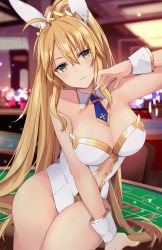 Rule 34 | 1girl, ahoge, animal ears, artoria pendragon (all), artoria pendragon (fate), artoria pendragon (swimsuit ruler) (fate), bare shoulders, blonde hair, blue necktie, blush, braid, breasts, casino card table, cleavage, clothing cutout, detached collar, fake animal ears, fate/grand order, fate (series), feather boa, french braid, green eyes, hair between eyes, highleg, highleg leotard, highres, k-rumi, large breasts, leotard, long hair, looking at viewer, navel cutout, necktie, playboy bunny, ponytail, rabbit ears, sidelocks, sitting, smile, solo, table, thighs, tiara, white leotard, wrist cuffs