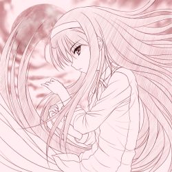 Rule 34 | 00s, 1girl, closed mouth, cloud, expressionless, from side, hairband, long hair, long skirt, long sleeves, looking at viewer, monochrome, pink theme, profile, ribbon, shirt, skirt, solo, striped, tohno akiha, tsukihime, tsurime, uni8, upper body, vertical stripes, very long hair