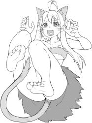 Rule 34 | 1girl, ahoge, animal ears, barefoot, breasts, cat ears, cat girl, cat tail, compile heart, fangs, feet, greyscale, halftone, ileheart, looking at viewer, medium breasts, monochrome, open mouth, sidelocks, simple background, smile, soles, solo, star-shaped pupils, star (symbol), symbol-shaped pupils, tail, toes, up (mmmmmmmmss), virtual youtuber, whiskers