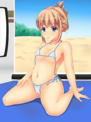Rule 34 | 1girl, barefoot, bikini, blue eyes, breasts, brown hair, cameltoe, covered erect nipples, feet, female focus, folded hair, highres, momiji mikan, navel, original, short hair, sitting, small breasts, smile, soles, solo, swimsuit, toes, tongue, tongue out, untied, wariza