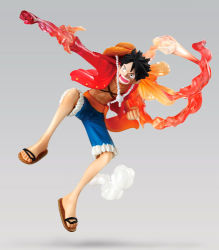Rule 34 | 1boy, fighting stance, figure, hat, jumping, lowres, male focus, merchandise, monkey d. luffy, one piece, open clothes, open shirt, photo (medium), red shirt, sandals, scar, shirt, solo, straw hat