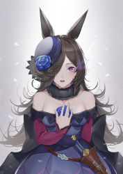 Rule 34 | bare shoulders, black bow, black hat, blue dress, blue flower, blue rose, bow, breasts, brown hair, commentary request, dagger, dress, flower, grey background, hair over one eye, hand up, hat, hat flower, highres, knife, long hair, long sleeves, looking at viewer, marumoru, off-shoulder dress, off shoulder, open mouth, purple eyes, rice shower (umamusume), rose, sleeves past wrists, small breasts, solo, tilted headwear, umamusume, very long hair, weapon