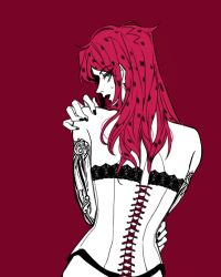 Rule 34 | 1boy, androgynous, arm tattoo, commentary request, corset, crossdressing, diavolo, from behind, green eyes, jojo no kimyou na bouken, limited palette, lipstick, long hair, looking back, makeup, male focus, nail polish, pink hair, red background, sempon (doppio note), solo, spotted hair, sweatdrop, tattoo, upper body, vento aureo