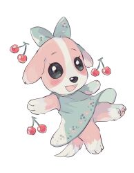 Rule 34 | 1girl, absurdres, animal crossing, animal focus, balancing, black eyes, blue bow, blue dress, blush, bow, bright pupils, cherry, chibi, cookie (animal crossing), dog, dress, fang, floppy ears, floral print, floral print dress, food, fruit, furry, hair bow, hideko (l33l3b), highres, nintendo, no humans, outstretched arms, outstretched leg, pawpads, pink fur, puppy, simple background, skin fang, smile, white background
