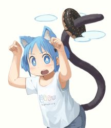 Rule 34 | 1girl, animal ears, armpits, arms up, blue eyes, blue hair, blush, cat ears, cat girl, cat tail, cube hair ornament, denim, doughnut, female focus, food, hair ornament, highres, jeans, kemonomimi mode, looking at viewer, matching hair/eyes, md5 mismatch, naganohara mio, nichijou, nishimura (prism engine), open mouth, pants, paw pose, shirt, short hair, short twintails, simple background, solo, standing, sweat, t-shirt, tail, twintails, white background