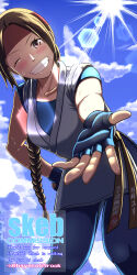 Rule 34 | 1girl, backlighting, bent over, blonde hair, blue sky, blush, braid, braided ponytail, check commentary, cloud, cloudy sky, collarbone, commentary, commentary request, commission, day, fingerless gloves, from below, gloves, grin, hayato rock, headband, highres, japanese clothes, long hair, looking at viewer, martial arts belt, one eye closed, outdoors, outstretched arm, parted bangs, pink eyes, pixiv commission, red headband, ryuuko no ken, single braid, skeb commission, sky, sleeveless, smile, snk, solo, sun, sun glare, sunlight, sweat, teeth, the king of fighters, yuri sakazaki