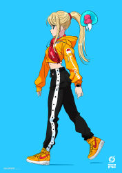 Rule 34 | 1girl, alternate costume, blonde hair, blue eyes, champion (company), commentary, contemporary, cropped hoodie, english commentary, from side, highres, hood, hood down, hoodie, long hair, metroid, metroid (creature), midriff, nike (company), nike air force 1, nintendo, orange hoodie, ponytail, product placement, samus aran, shoes, smartwatch, sneakers, solo focus, tom skender, walking, watch, wristwatch