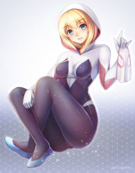 Rule 34 | 1girl, animification, artist name, blonde hair, blue eyes, blush, bodysuit, breasts, flats, gwen stacy, hood, hooded bodysuit, large breasts, looking at viewer, marvel, parted lips, short hair, smile, solo, spider-gwen, spider-man (series), umitonakai
