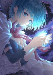 Rule 34 | 1girl, abstract background, adapted costume, blue eyes, blue hair, cape, from below, glowing, glowing hand, hands up, highres, magical girl, mahou shoujo madoka magica, mahou shoujo madoka magica (anime), miki sayaka, oktavia von seckendorff, parted lips, ribbon, riri (ririwaldorf), short hair, solo, teeth, torn clothes, white cape, witch (madoka magica)