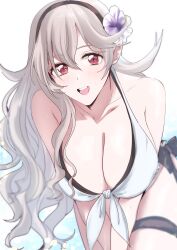 1girl :d absurdres bikini bikini_skirt black_hairband blush breasts cleavage corrin_(female)_(fire_emblem) corrin_(female)_(novice_vacationer)_(fire_emblem) corrin_(fire_emblem) fire_emblem fire_emblem_fates fire_emblem_heroes flower grey_hair hair_between_eyes hair_flower hair_ornament hairband highres large_breasts leaning_forward long_hair looking_at_viewer nintendo official_alternate_costume open_mouth pointy_ears red_eyes skindentation smile solo sou_mei swimsuit thighs white_bikini white_hair