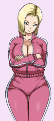 Rule 34 | 1girl, android 18, blonde hair, blue eyes, bob cut, breasts, cleavage, closed mouth, crossed arms, dragon ball, dragon ball super, earrings, feet out of frame, female focus, gluteal fold, groin, head tilt, hoop earrings, jacket, jewelry, large breasts, legs, looking at viewer, medium hair, pink background, pinkpawg, simple background, solo, standing, thigh gap, thighs, track jacket, track suit