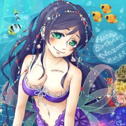 Rule 34 | 1girl, alternate hairstyle, aqua eyes, artist name, artist request, bare shoulders, bikini, bikini top only, blush, breasts, bubble, cleavage, collarbone, coral, diamond (shape), earrings, female focus, fish, from below, gesture, green eyes, jewelry, lace, lace-trimmed swimsuit, lace trim, large breasts, long hair, looking at viewer, love live!, love live! school idol festival, love live! school idol project, ma 0w0 ro, medium breasts, mermaid, midriff, monster girl, navel, outstretched arm, purple bikini, purple hair, shell, shell earrings, shell hair ornament, sleeveless, smile, solo, star (symbol), swimsuit, tojo nozomi, twintails, underwater, waving