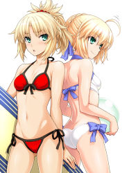 Rule 34 | 2girls, ahoge, alternate costume, aqua eyes, artoria pendragon (all), artoria pendragon (fate), artoria pendragon (swimsuit archer) (fate), artoria pendragon (swimsuit archer) (first ascension) (fate), ass, ball, bare arms, bare shoulders, beachball, bikini, blonde hair, blush, braid, breasts, butt crack, fate/apocrypha, fate/grand order, fate/stay night, fate (series), french braid, front-tie top, gluteal fold, green eyes, hair between eyes, hair bun, halterneck, isse, looking away, looking to the side, midriff, mordred (fate), mordred (fate) (all), mordred (fate/apocrypha), mordred (swimsuit rider) (fate), mordred (swimsuit rider) (first ascension) (fate), multiple girls, navel, open mouth, red bikini, saber (fate), short ponytail, side-tie bikini bottom, sidelocks, single hair bun, smile, standing, stomach, surfboard, swimsuit, thighs, white bikini