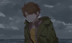 Rule 34 | 1boy, ^ ^, brown hair, closed eyes, cloud, cloudy sky, collarbone, collared shirt, commentary request, dress shirt, facing viewer, green jacket, grey shirt, highres, horizon, jacket, key, koeda (k83 4), luke pearce (tears of themis), male focus, ocean, open clothes, open jacket, open shirt, outdoors, shirt, sky, smile, solo, tears of themis, thick eyebrows, water, yellow shirt