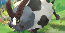 Rule 34 | black eyes, blue sky, closed mouth, creature, creatures (company), day, dubwool, frown, game freak, gen 8 pokemon, horns, iribi you, leaf, nintendo, no humans, official art, outdoors, pokemon, pokemon (creature), pokemon tcg, rock, serious, sky, solo, third-party source, walking, wind, windmill