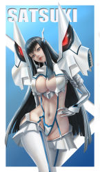 Rule 34 | 1girl, absurdres, bad id, bad pixiv id, black hair, blue eyes, border, breasts, character name, closed mouth, gloves, gradient background, hand on own hip, highres, junketsu, kill la kill, kiryuuin satsuki, light y, long hair, navel, red lips, solo, turtle, white border, white gloves, white legwear