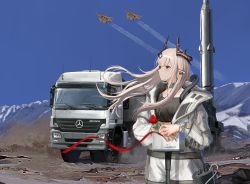 Rule 34 | 1girl, absurdres, aircraft, airplane, arknights, black bra, blue sky, bra, closed mouth, commentary request, f-14 tomcat, fighter jet, flower, hair ornament, highres, holding, holding flower, horns, iran, jet, jumpsuit, long hair, looking at viewer, looking up, material growth, mercedes-benz, mercedes-benz actros, military, military vehicle, mirroraptor, missile, missile vehicle, motor vehicle, mountain, mudrock (arknights), oripathy lesion (arknights), outdoors, pointy ears, radio antenna, red eyes, red ribbon, ribbon, rose, semi truck, silver hair, sky, snow, solo, sports bra, standing, trailer, transporter erector launcher, truck, underwear, white jumpsuit