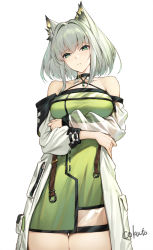 Rule 34 | 1girl, animal ears, arknights, bare shoulders, black collar, breasts, cat ears, cat girl, coat, cokuto1, collar, cowboy shot, criss-cross halter, crossed arms, detached collar, dress, frown, green dress, green eyes, green hair, hair ornament, halterneck, head tilt, highres, kal&#039;tsit (arknights), looking at viewer, medium breasts, medium hair, off-shoulder coat, off shoulder, see-through, short hair, signature, simple background, solo, thigh gap, thighs, white background, white coat