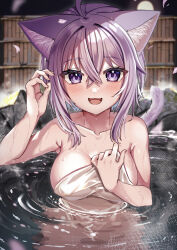 Rule 34 | 1girl, ahoge, animal ear fluff, animal ears, bamboo fence, bathing, blush, breasts, bush, cat ears, cat girl, cat tail, collarbone, crossed bangs, fangs, fence, hair between eyes, highres, holding, holding towel, hololive, komiojisan, large breasts, looking at viewer, naked towel, nekomata okayu, night, onsen, open mouth, outdoors, partially submerged, purple eyes, purple hair, rock, smile, solo, tail, towel, virtual youtuber, wet