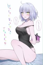 Rule 34 | 1girl, ahoge, arms behind back, bare shoulders, blush, breasts, cleavage, fate/grand order, fate (series), gift, highres, jeanne d&#039;arc (fate), jeanne d&#039;arc alter (avenger) (fate), jeanne d&#039;arc alter (fate), large breasts, long hair, looking at viewer, nipi27, parted lips, silver hair, sitting, solo, translated, underwear, white background, yellow eyes