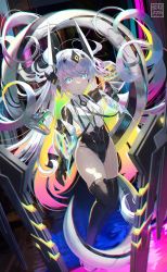 Rule 34 | 1girl, animal, black gloves, black leotard, black thighhighs, blue eyes, breasts, commentary request, cyberpunk, eyebrows hidden by hair, gloves, grey hair, headgear, highres, jacket, leotard, long hair, looking at viewer, mecha musume, natori youkai, off shoulder, open clothes, open jacket, original, see-through, shirt, shoes, small breasts, snake, solo, thighhighs, twintails, very long hair, white footwear, white shirt