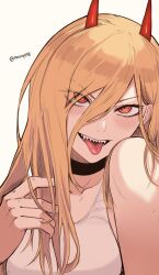 Rule 34 | + +, 1girl, absurdres, black choker, blonde hair, blush, breasts, chainsaw man, choker, collarbone, demon horns, hair between eyes, highres, horns, looking at viewer, masoq, medium breasts, orange eyes, power (chainsaw man), sharp teeth, simple background, smile, solo, straight hair, tank top, teeth, tongue, tongue out, twitter username, upper body, white background, white tank top