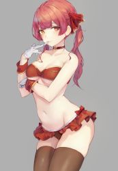 Rule 34 | 1girl, bad id, bad twitter id, bare arms, bare shoulders, bikini, bikini skirt, biting, breast hold, breasts, brown thighhighs, choker, cleavage, collarbone, cowboy shot, glove biting, gloves, grey background, groin, hair ribbon, heterochromia, highres, hololive, houshou marine, leviathan (hikinito0902), medium breasts, mouth hold, navel, orange eyes, red bikini, red choker, red eyes, red hair, ribbon, simple background, skindentation, smile, solo, standing, stomach, strapless, strapless bikini, swimsuit, thighhighs, thighs, twintails, virtual youtuber, white gloves, wrist cuffs