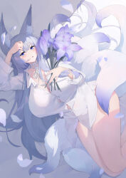 Rule 34 | 1girl, absurdres, alternate costume, animal ear fluff, animal ears, azur lane, bouquet, breasts, collared shirt, commentary, english commentary, flower, fox ears, fox girl, fox tail, from above, grey hair, highres, holding, holding bouquet, huge breasts, kitsune, kyuubi, large tail, long sleeves, looking at viewer, looking up, lying, milk (pixiv45069038), multiple tails, on side, partially unbuttoned, purple eyes, purple flower, shinano (azur lane), shirt, solo, tail, white shirt, white tail