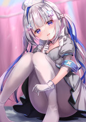 Rule 34 | 1girl, amane kanata, amane kanata (nurse), armband, bandaged arm, bandages, blue eyes, blue hair, blush, colored inner hair, cross hair ornament, detached collar, dress, feet out of frame, finger to mouth, flat chest, frills, gloves, grey hair, hair ornament, hairclip, hand up, hat, highres, hololive, index finger raised, knees together feet apart, long hair, looking at viewer, multicolored hair, nurse, nurse cap, official alternate costume, open mouth, pantyhose, puffy short sleeves, puffy sleeves, purple eyes, short sleeves, sitting, smile, solo, twintails, very long hair, virtual youtuber, white dress, white gloves, white pantyhose, yuano