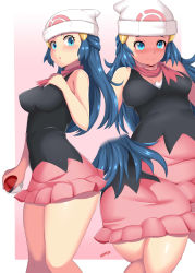 Rule 34 | 1girl, :o, absurdres, ass, beanie, black shirt, blouse, blue eyes, blue hair, blush, border, commentary request, creatures (company), dawn (pokemon), embarrassed, eyelashes, game freak, hands up, hat, highres, holding, holding poke ball, jewelry, long hair, morris1611, nintendo, open mouth, poke ball, pokemon, pokemon dppt, red scarf, scarf, shirt, sidelocks, sleeveless, sleeveless shirt, white border, white headwear