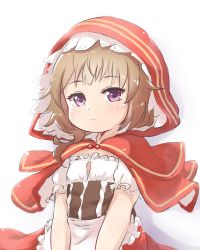 Rule 34 | 1girl, baigao, brown hair, capelet, chinese commentary, commentary request, flat chest, frills, granblue fantasy, highres, hood, hood up, hooded capelet, looking at viewer, purple eyes, red capelet, renie, short hair, short sleeves, simple background, solo, upper body, white background