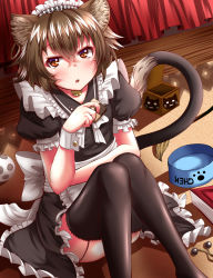 Rule 34 | 1girl, :o, alternate costume, apron, bell, black thighhighs, blush, book, bowl, brown eyes, brown hair, chen, cookie, enmaided, food, garter straps, highres, jingle bell, looking at viewer, maid, maid apron, maid headdress, short hair, short sleeves, sitting, solo, thighhighs, touhou, waist apron, wrist cuffs, zan (harukahime)
