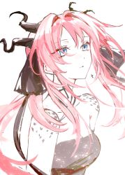 Rule 34 | 1girl, atelier live, bare shoulders, blue eyes, bow, breasts, dragon girl, dragon horns, eyes visible through hair, highres, horns, kuzuryu io, long hair, looking away, open mouth, pale skin, pink hair, simple background, solo, tsu (lovesick1964), virtual youtuber, white background