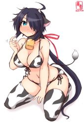Rule 34 | 1girl, ahoge, alternate costume, animal ears, animal print, artist logo, bell, bikini, black hair, blue eyes, blush, breasts, cleavage, collarbone, commentary request, cow ears, cow girl, cow horns, cow print, cow tail, cowbell, dated, fake horns, hair over one eye, highres, horns, kako (kancolle), kanon (kurogane knights), kantai collection, large breasts, long hair, looking at viewer, low ponytail, navel, neck bell, one-hour drawing challenge, print bikini, print thighhighs, simple background, solo, swimsuit, tail, thighhighs, white background
