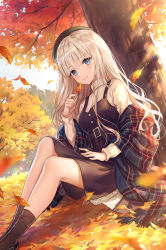 Rule 34 | 1girl, autumn leaves, black dress, black footwear, blue eyes, breasts, brown socks, closed mouth, commentary request, day, dress, feet out of frame, fringe trim, knees up, lazuri7, long hair, long sleeves, looking at viewer, original, outdoors, pinafore dress, plaid, plaid scarf, scarf, shirt, shoes, silver hair, sitting, sleeveless, sleeveless dress, small breasts, smile, socks, solo, tree, very long hair, white shirt