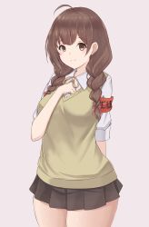 Rule 34 | 1girl, 88942731ne, ahoge, alternate costume, armband, black skirt, braid, brown eyes, brown hair, commentary request, grey background, highres, kantai collection, long hair, neck ribbon, pleated skirt, ribbon, school uniform, shinshuu maru (kancolle), shirt, simple background, skirt, smile, solo, standing, sweater vest, twin braids, white shirt