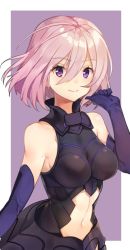 Rule 34 | 1girl, bad id, bad twitter id, bare shoulders, border, breasts, clothing cutout, cowboy shot, elbow gloves, fate/grand order, fate (series), gloves, hair between eyes, mash kyrielight, medium breasts, navel, navel cutout, outside border, purple background, purple eyes, purple hair, shovelwall, shovelwell, smile, solo, white border