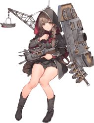 Rule 34 | 1girl, bag, black footwear, black skirt, boots, braid, brown eyes, brown hair, hair ribbon, kantai collection, long hair, long sleeves, machinery, multicolored clothes, official art, parsley-f, pleated skirt, red hood, red ribbon, ribbon, shinshuumaru (kantai collection), skirt, solo, source request, transparent background, turret, twin braids