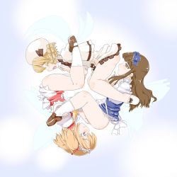 Rule 34 | 3girls, blonde hair, blush, bottomless, brown eyes, brown hair, colored eyelashes, daisy chain (sex), drill hair, eyelashes, fairy, fingering, hat, highres, luna child, matchuri, multiple girls, open mouth, purple eyes, ribbon, simple background, smile, star sapphire, sunny milk, touhou, wings, yuri