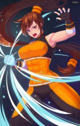 Rule 34 | 1girl, absurdres, brown hair, dungeon and fighter, fighter (dungeon and fighter), fingerless gloves, gloves, highres, long hair, open mouth, ponytail, solo, very long hair, yellow eyes