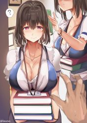 Rule 34 | 1girl, book, breasts, brown hair, cleavage, highres, himuro shunsuke, large breasts, original, purple eyes